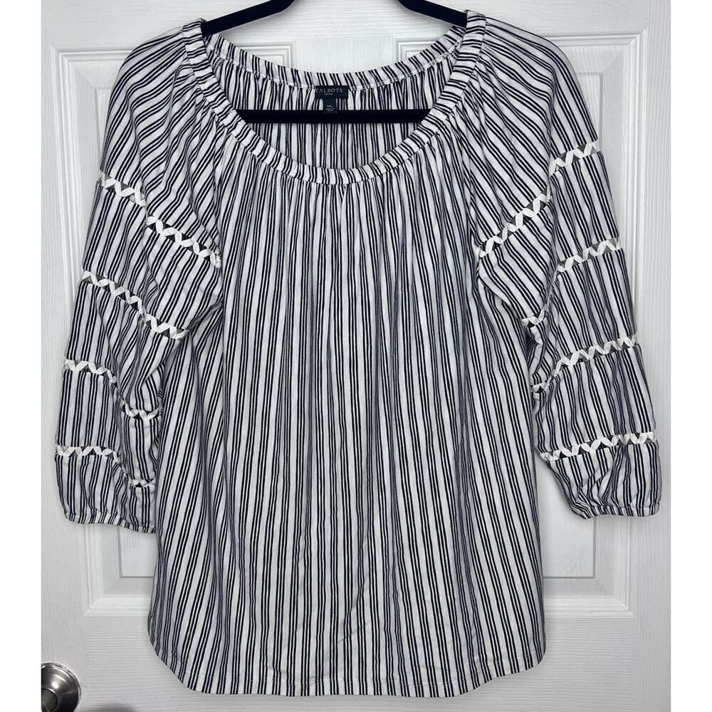 Talbots Petites Black & White Striped Balloon Sleeve Prairie Shirt Size M
